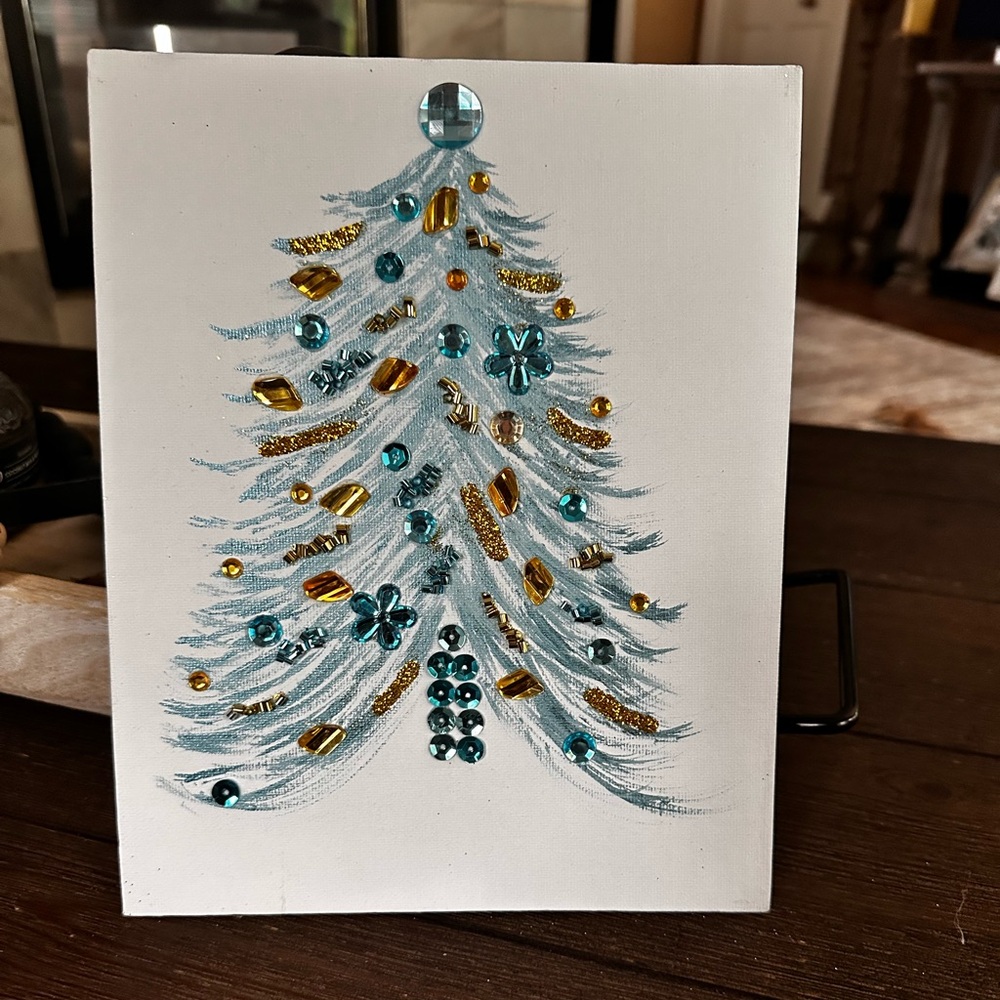 Hand crafted Festive Blue and Gold Holiday Tree Canvas